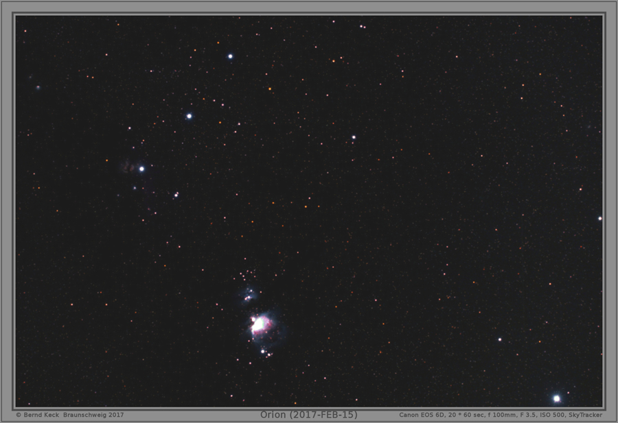 2017-FEB-15: Sternfeldaufnahme im Sternbild Orion. Mit einer Brennweite von f 100 mm sind schon einige "deep sky" Objekte erreichbar. Bei dem großen Nebel unten handelt es sich um den Orion-Nebel M 42. Das Bild ist eine Überlagerung von 20 Einzelaufnahmen mit jeweils einer Minute Belichtungszeit.  