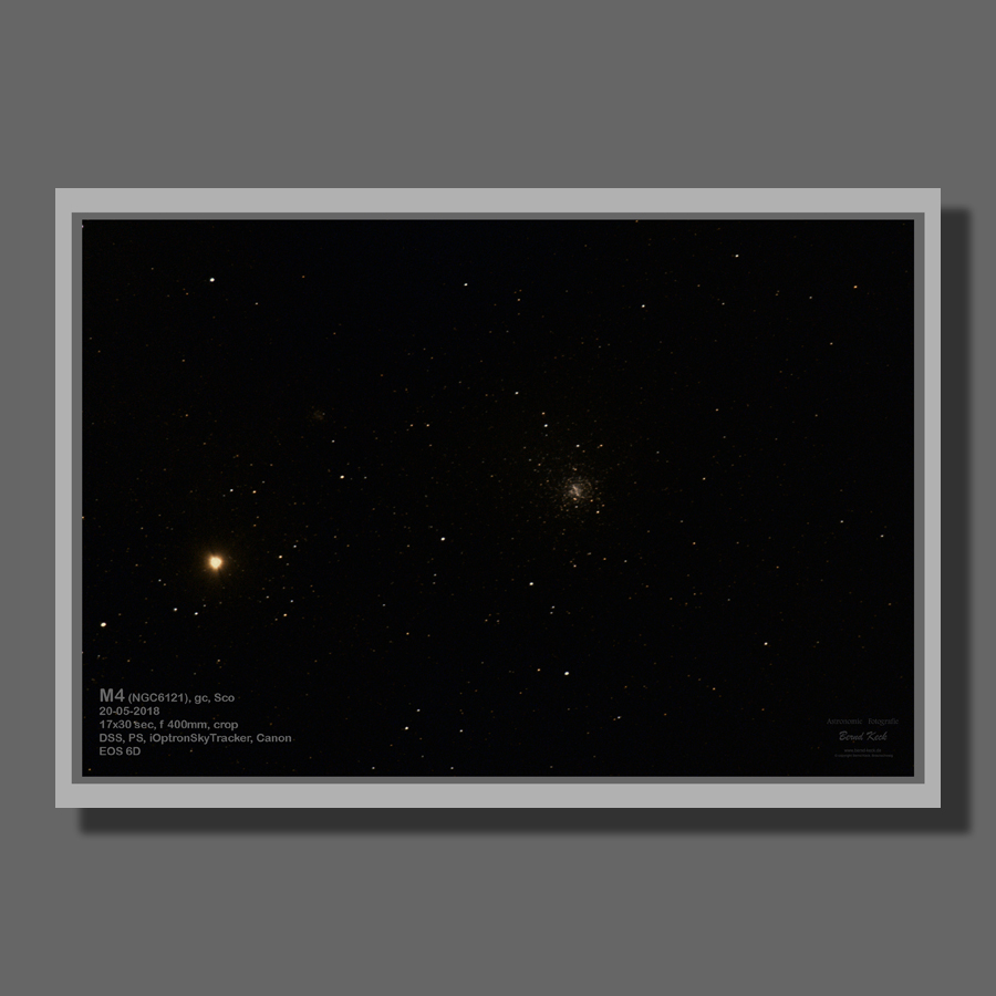 2018-05-20, M4, gc, Sco. Links unten ist der helle Stern alpha Sco zu sehen. Rechts oberhalb von alpha Sco ist schwach sichtbar NGC2144. Der Kugelsternhaufen M4 befindet sich etwa in Bildmitte. 17x30 sec, f 400 mm