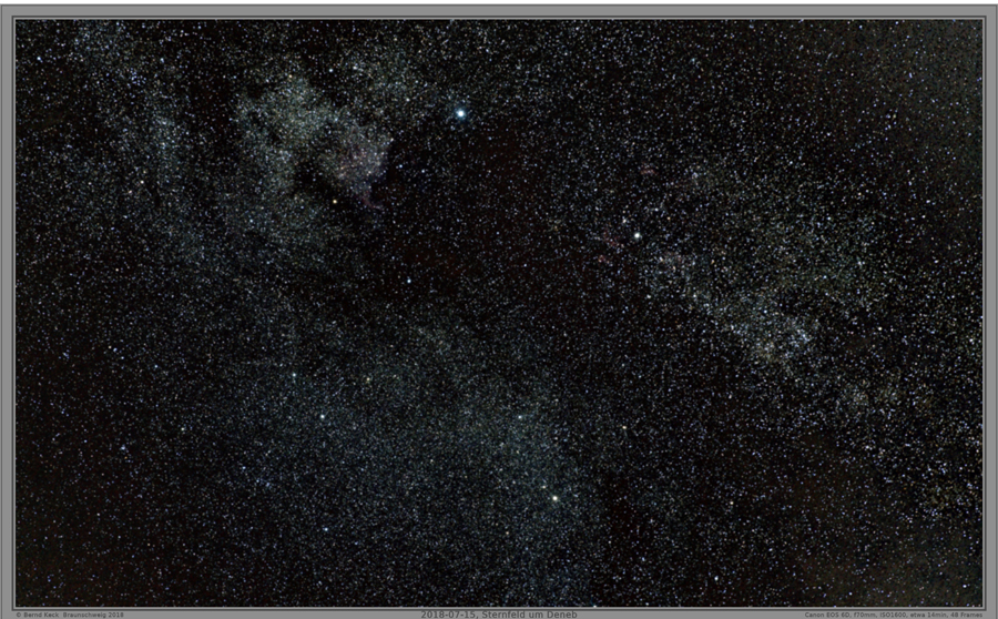 2017-07-14, Sternfeld unterhalb des Sternes Deneb; f 70 mm, ISO 1600, 48 Frames, Bel.-zeit etwa 14 min; Zum Stacken der Bilder wurde DSS verwendet, Weiterverarbeitung mit Fitswork und Photoshop. Wetter: 16°C, Himmelshelligkeit 20.8 [mag/arcsec^2]