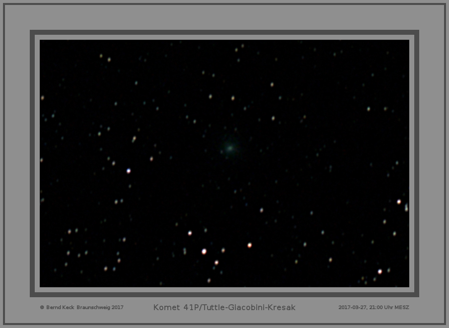 27-03-2017, 21:00 Uhr MESZ. Komet 41P/Tuttle-Giacobini-Kresak. Dies ist ein Ausschnitt aus dem Bild darunter.