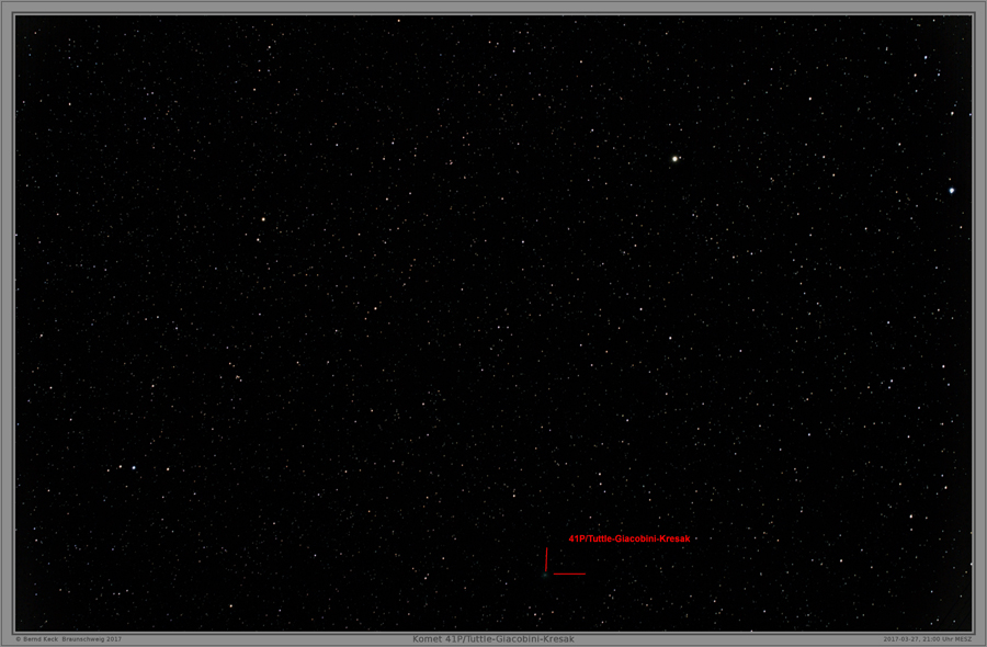 27-03-2017, 21:00 MESZ, Komet 2P/Tuttle-Giacobini-Kresak im Sternbild Großer Bär (UMa). Das Bild entstand durch Überlagerung von einigen Aufnahmen bei f 100mm. Die Aufnahmen wurden mit dem iOptron SkyTracker Plus nachgeführt. Der Aufnahmeort war recht lichtverschmutzt.