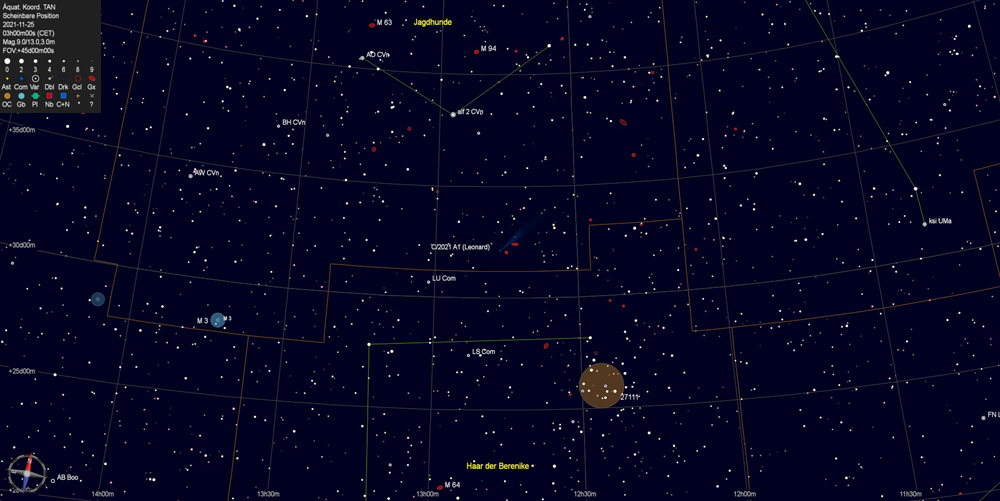 25-NOV-2021, 03:00 CET, Karte für Komet C/2021 A1 Leonard; erstellt mit Cartes du Ciel
