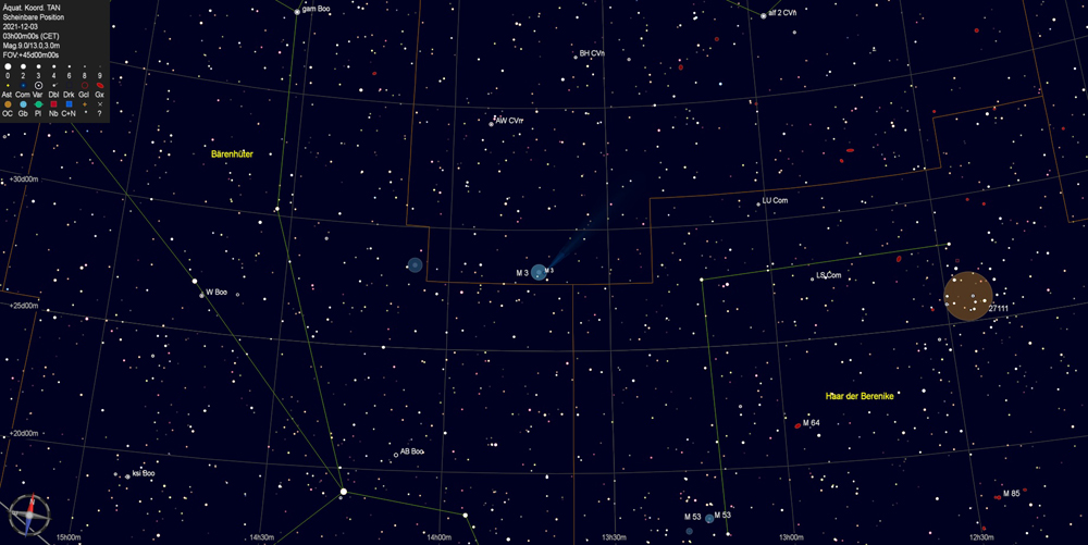 03-DEZ-2021 03:00 CT, Karte für Komet C/2021 A1 Leonard; erstellt mit Cartes du Ciel