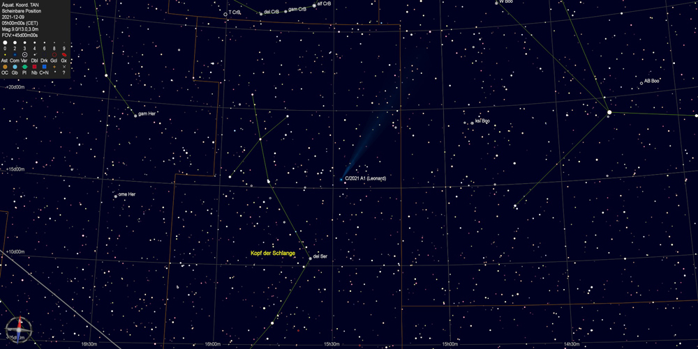 09-DEZ-2021, 05:00 CET, Karte für Komet C/2021 A1 Leonard; erstellt mit Cartes du Ciel