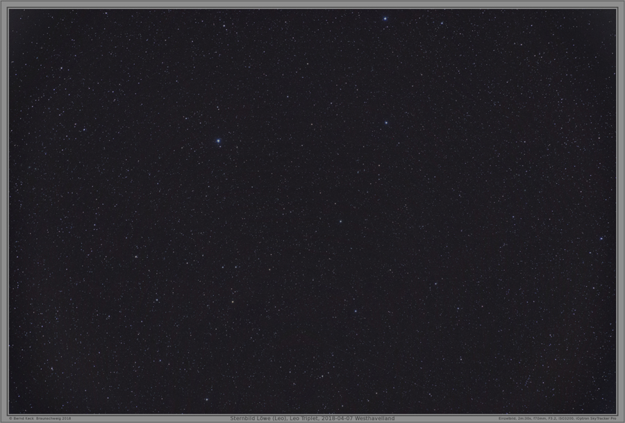 Sternfeld im Sternbild Löwe, Leo-Triplet; 150 sec, F 3.2, ISO 3200, f 70 mm, iOptron Skytracker; (Sichtbare Objekte des Messier-Kataloges: M95, M96, M65, M66, M86, M84, M99, M98, NGC 3628