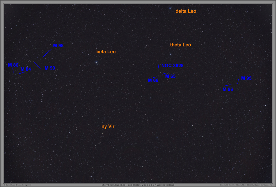 Kennzeichnung der Objekte des vorangegangenen Bildes. M95, M96, M65, M66, M86, M84, M99, M98, NGC3628