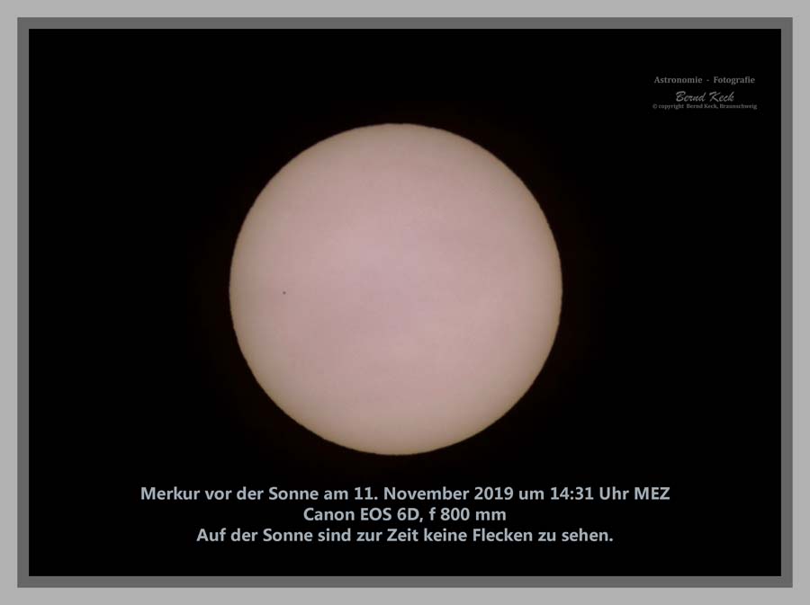 11. November 2019, 14:31 MEZ; Merkur zieht heute vor der Sonne vorbei. Zur Zeit sind auf der Sonnen keine Flecken zu sehen. 
