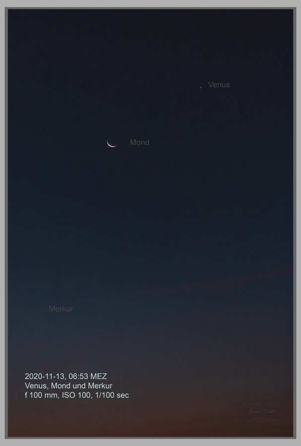 13. Nov. 2020, 06:53 MEZ, Mond, Venus und Merkur in der Morgendämmerung
